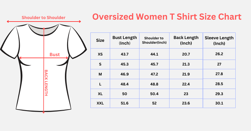 Oversize fit women t shirt size chart uk
